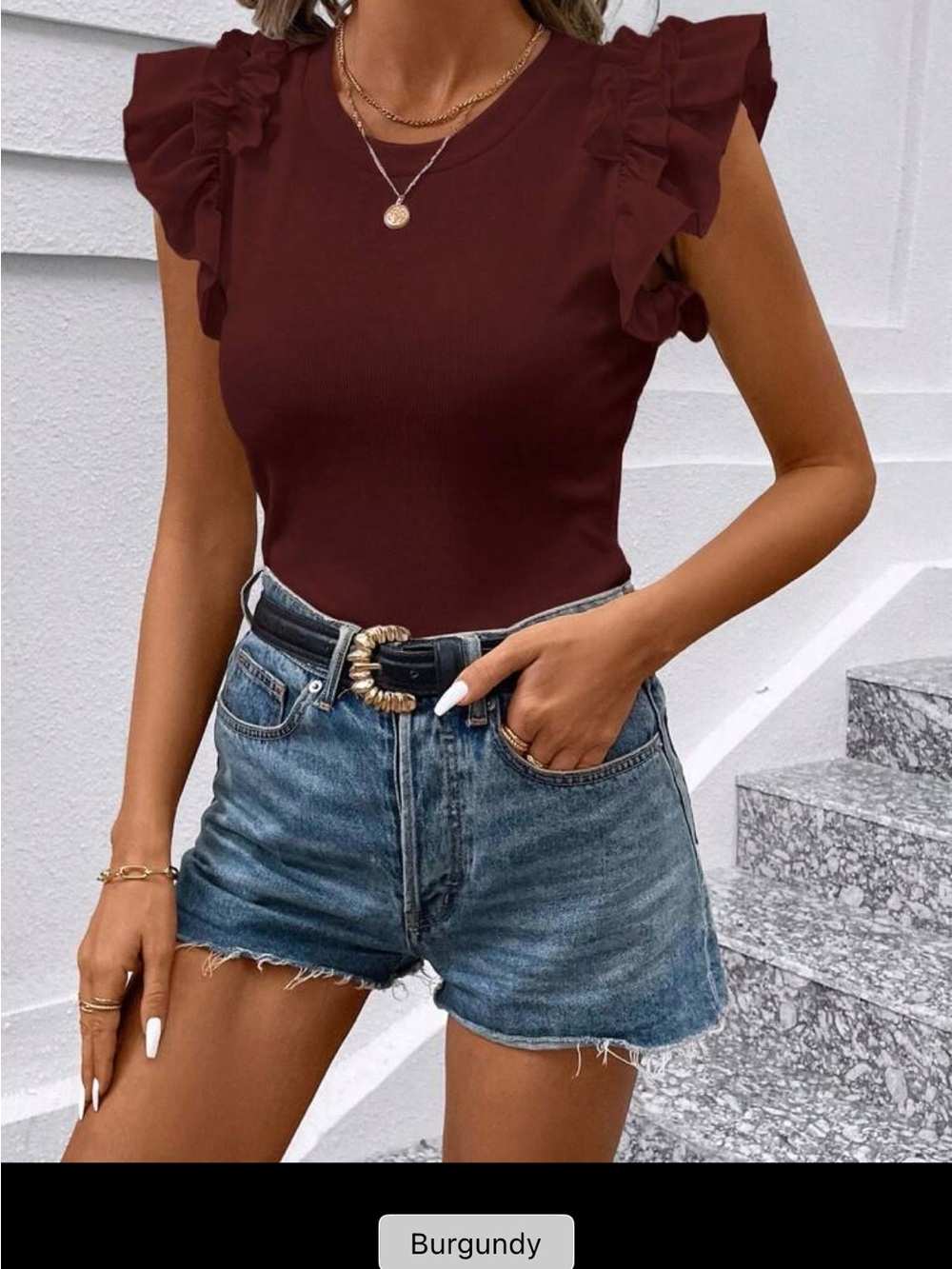 SHEIN Burgundy Ruffle Sleeve Ribbed Short Sleeve Top- Size L